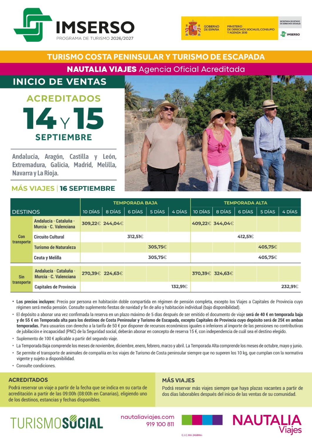 Viajes del Imserso 14 y 15 de septiembre turismo 2026/2027 península Viajes del Imserso 14 y 15 de septiembre turismo 2026/2027 península