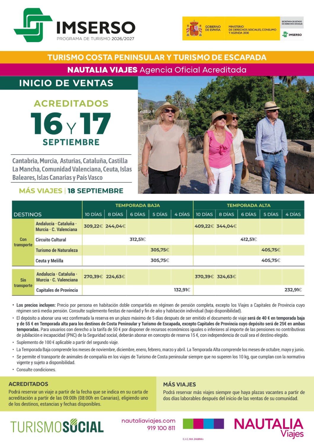 Viajes del Imserso 16 y 17 de septiembre turismo 2026/2027 península Viajes del Imserso 16 y 17 de septiembre turismo 2026/2027 península